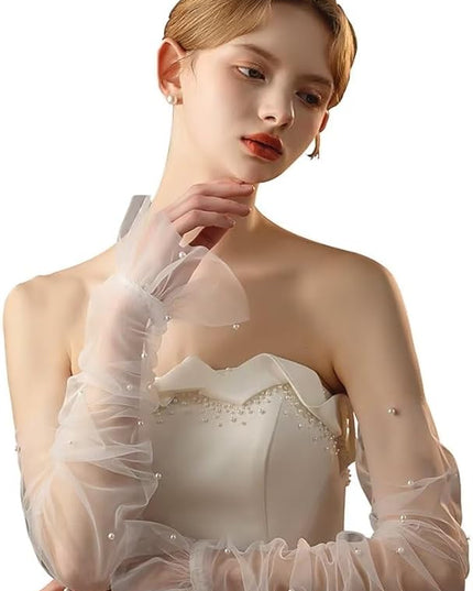 Women's Long Bridal Wedding Tulle Glove Mesh Fingerless Gloves Pearl 1920 Opera Tea Party Sheer Gloves
