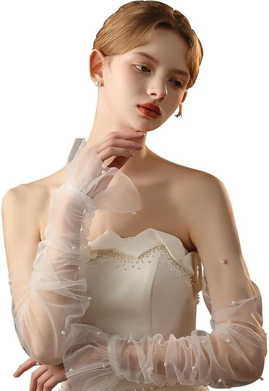 Women's Long Bridal Wedding Tulle Glove Mesh Fingerless Gloves Pearl 1920 Opera Tea Party Sheer Gloves