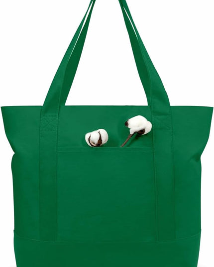 TOPDesign 3-Pack Canvas Tote Bags with an External Pocket, Reusable Grocery Shopping Bags, Top Zipper Closure, Daily Essentials (Green)