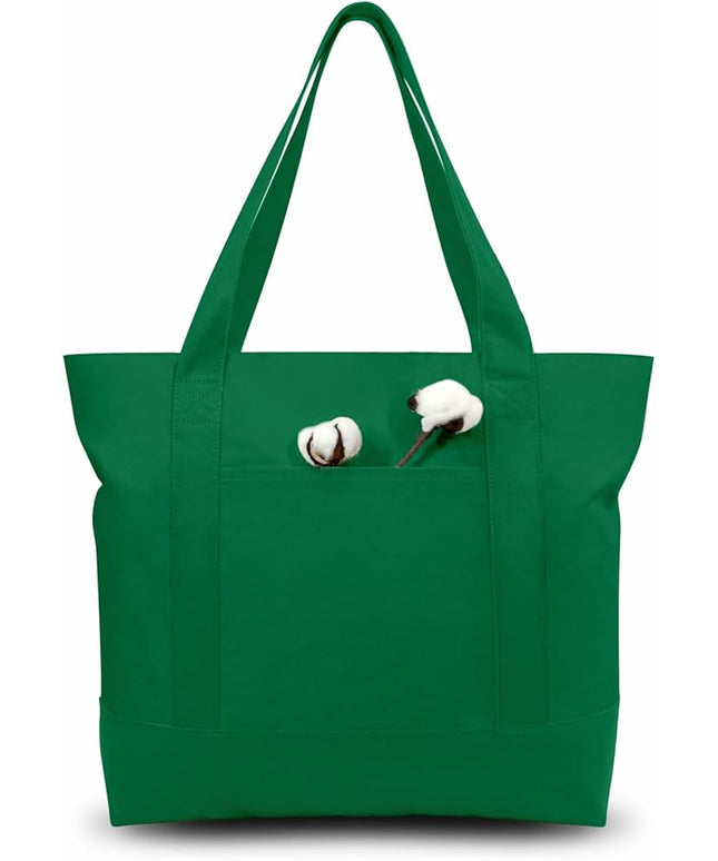 TOPDesign 3-Pack Canvas Tote Bags with an External Pocket, Reusable Grocery Shopping Bags, Top Zipper Closure, Daily Essentials (Green)