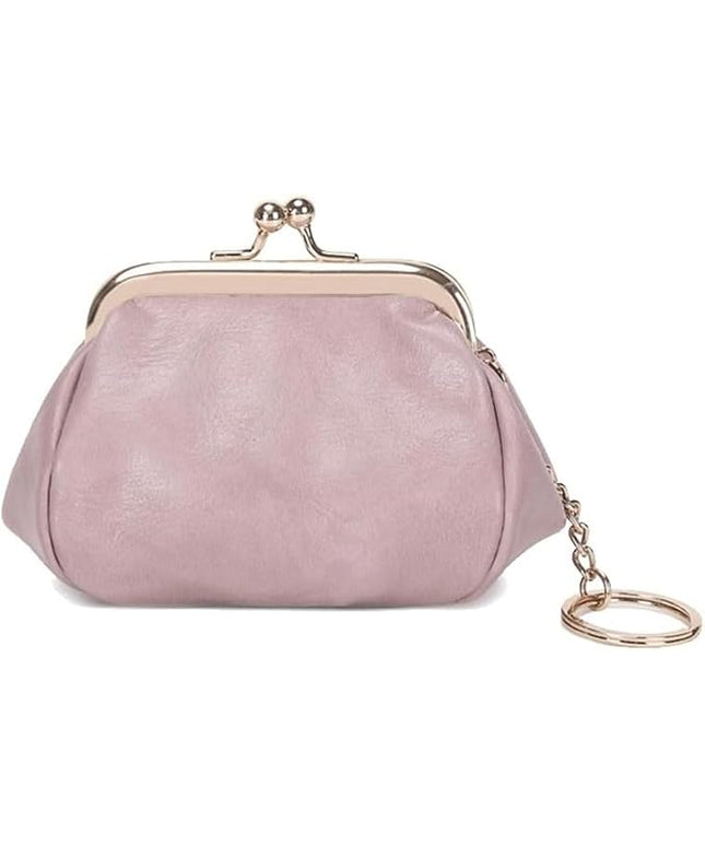 Genuine Leather Wallet Retro Kiss Lock Change Pouch Portable Coin Purse Key Case for Women Gift Box Black (Pink)