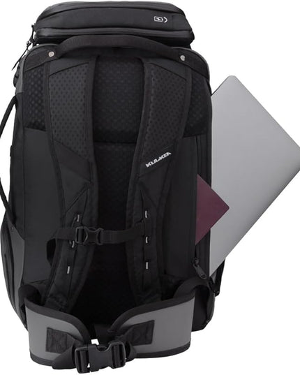Käydä 36L Travel Backpack - Spacious Carry On Backpack with Detachable Travel Pouch, Magnetic Water Bottle Pocket, Passport and Laptop Pocket - Convertible Boot Bag for Snow Sports (Black/Gold)