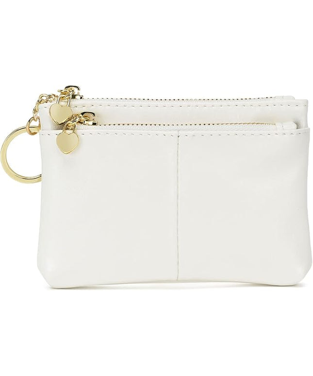 ZOOEASS Women PU Leather Zip Mini Coin Purse With Key Ring Triple Zipper Card Holder Wallet (White)