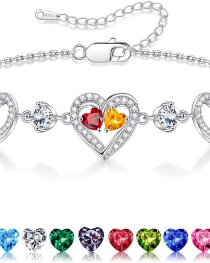Iefil Valentines Day Gifts for Her - 925 Sterling Silver Heart Birthstone Bracelet Birthday Anniversary Jewelry Gifts for Her Wife