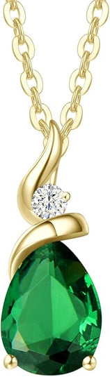 FANCIME 14K Solid Yellow Gold Birthstone Pendant Necklace for Women with Diamond Pear Shaped Teardrop Necklace Birthday Gifts for Mom Women Sterling Silver Chain 16" + 2" Extender