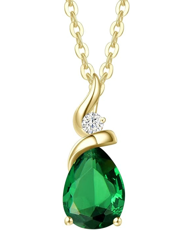 FANCIME 14K Solid Yellow Gold Birthstone Pendant Necklace for Women with Diamond Pear Shaped Teardrop Necklace Birthday Gifts for Mom Women Sterling Silver Chain 16" + 2" Extender