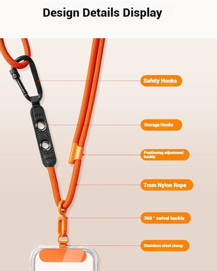 Phone Lanyard Phone Strap Crossbody with Hanging Loops 2 Tabs Adjustable Anti Theft for iPhone 17 Pro Max All Phones Skin-Friendly Universal Cell Phone Neck Lanyard for Daily Outdoor Orange