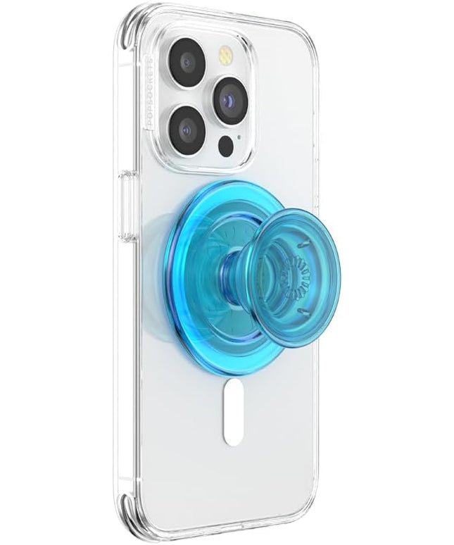 PopSockets Phone Grip for MagSafe with Kickstand, Magnetic Stand, Swappable Top, Secure Hold for iPhone MagSafe Cases, Phone & Tablet Grip - Electric Blue Translucent