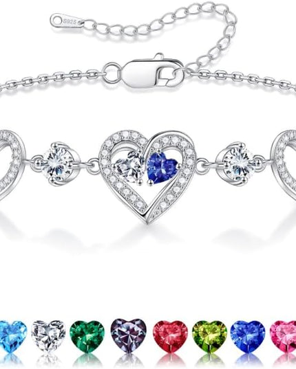 Iefil Valentines Day Gifts for Her - 925 Sterling Silver Heart Birthstone Bracelet Birthday Anniversary Jewelry Gifts for Her Wife