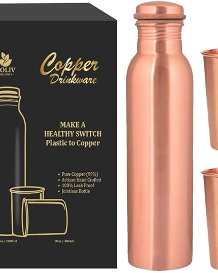 Pure Copper Water Bottle and 2 Tumbler Set - 34oz Smooth Vessel with 10oz Cups - Artisan Handcrafted Drinkware Kit - Sustainable Gift Box