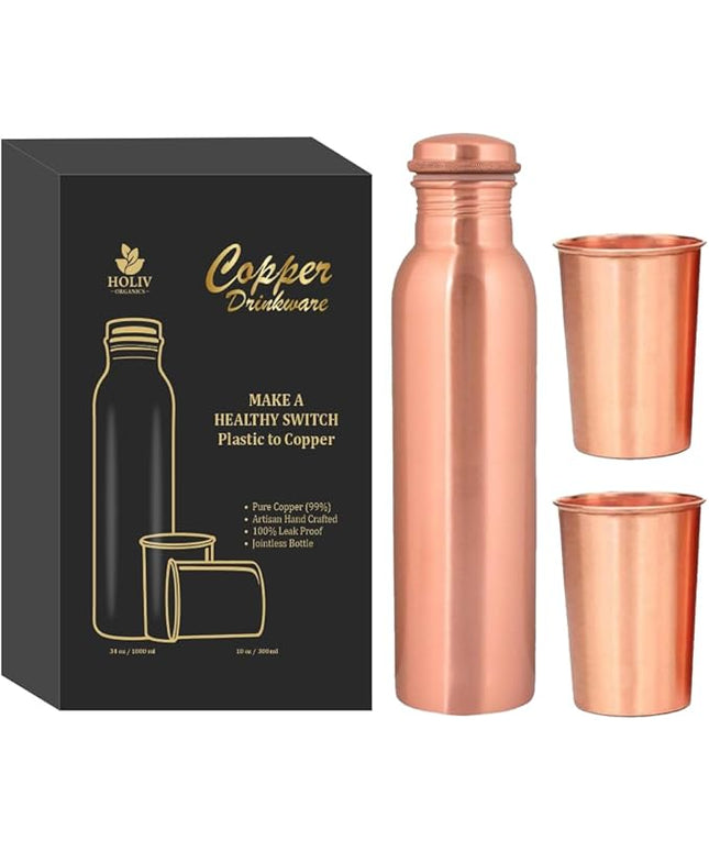 Pure Copper Water Bottle and 2 Tumbler Set - 34oz Smooth Vessel with 10oz Cups - Artisan Handcrafted Drinkware Kit - Sustainable Gift Box