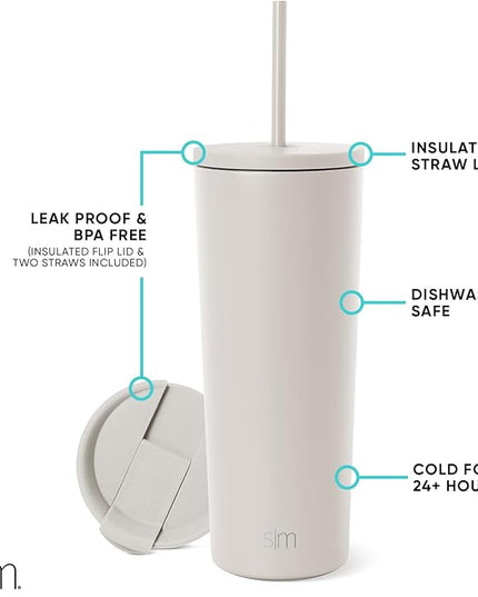Simple Modern Insulated Tumbler with Lid and Straw | Iced Coffee Cup Reusable Stainless Steel Water Bottle Travel Mug | Gifts for Women Men Her Him | Classic Collection | 24oz | Almond Birch