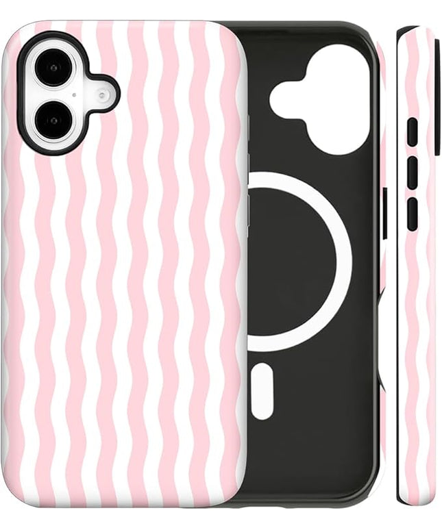 Magnetic for iPhone 17 Case Cute Wavy Stripes Phone Case, Shockproof Slim TPU and Hard PC Protective Phone Cover Compatible with MagSafe Designed for Women Girls, Pink