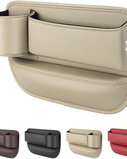 Car Leather Cup Holder Gap Bag,2025 Upgrade Car Storage Box with Cup Holder,Seat Storage Box Gap Filler Organizer for Glasses Phone Keys and Cards (Beige, Driver's Seat)