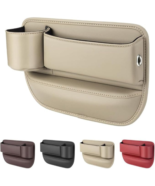 Car Leather Cup Holder Gap Bag,2025 Upgrade Car Storage Box with Cup Holder,Seat Storage Box Gap Filler Organizer for Glasses Phone Keys and Cards (Beige, Driver's Seat)