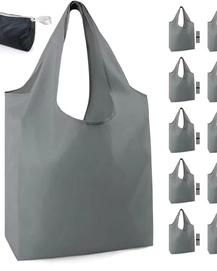 BeeGreen Grey Reusable Shopping Bags for Groceries 10 Pack Reusable Grocery Bags Washable 50LBS folding with Zipper Carry Pouch Tote Gift Bags Durable Polyester