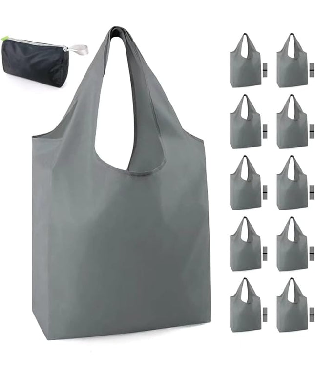 BeeGreen Grey Reusable Shopping Bags for Groceries 10 Pack Reusable Grocery Bags Washable 50LBS folding with Zipper Carry Pouch Tote Gift Bags Durable Polyester