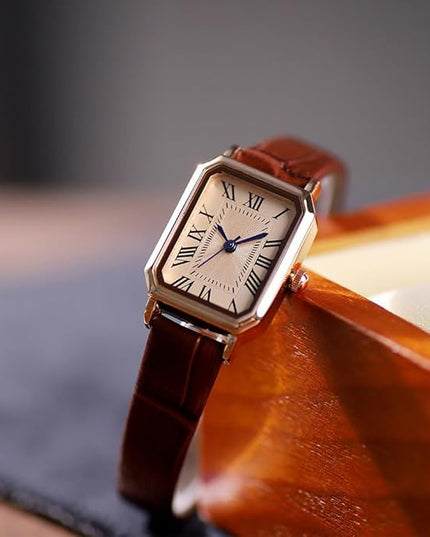 PASOY Vintage Womens Watch Analog Quartz Waterproof Ladies Watches for Women with Leather Strap Square Dial