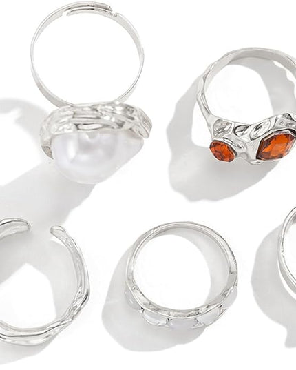 Chunky Gold Rings for Women Non Tarnish Statement Flower Ring Baroque Pearl Stackable Rings Set 6Pcs Chunky Jewelry