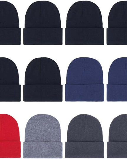 ZH 12-Pack Knitted Winter Beanie Hats for Men and Women, Warm and Cozy Cuffed Skull Caps, Bulk Purchase
