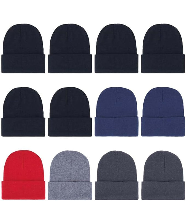 ZH 12-Pack Knitted Winter Beanie Hats for Men and Women, Warm and Cozy Cuffed Skull Caps, Bulk Purchase