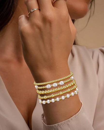 Gold Beaded Bracelets for Women, 14K Real Gold Plated Jewelry for Women Dainty Pearl Bead Bracelets Stack, Non Tarnish Trendy Stackable Ball Cross Stretch Bracelet Set Fashion Accessories Gifts
