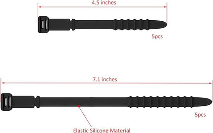 Silicone Zip Ties, Reusable Zip Ties, Rubber Cable Ties Straps for Wire Management, Elastic Silicone Ties Cable Organizer for Home Office, Black Cord Ties in Two Sizes 4.5" and 7.1" (5+5 Pcs Black)