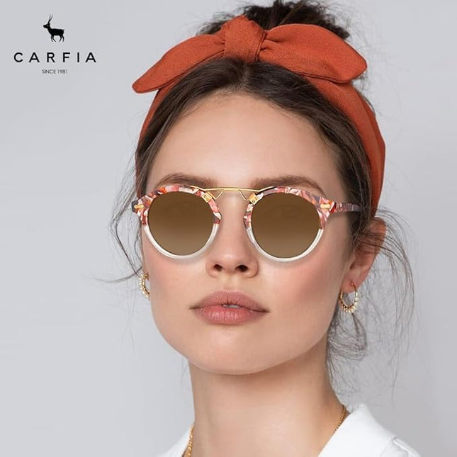 CARFIA Small Face Acetate Polarized Sunglasses for Women UV Protection, Retro Double Bridge Eyewears Metal Brow Round Sunnies