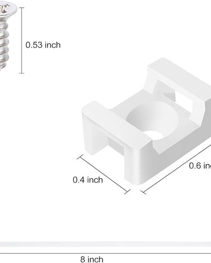 100 Pcs Cable Zip Tie Saddle Type Mounts Base with 100 Pcs 8" Cable Ties and 100 Pcs Tapping Screw, Wire Cable Clips Organizer Holders Clamps White