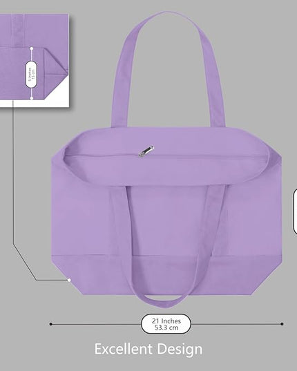 TOPDesign 6-Pack Canvas Tote Bags with an External Pocket, Reusable Grocery Shopping Bags, Top Zipper Closure, Daily Essentials (Lavender)