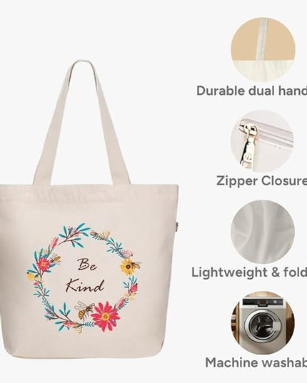Ecoright Aesthetic Canvas Tote Bag for Women Large Zipper Tote Bags with Pocket, Womens Tote Bag for Yoga, Work, Beach