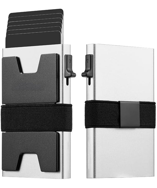 Jenoss Smart Pop Up Wallet for Men: Aluminum Card Holder Wallet, Slide Pop Up Case, Slim Metal RFID Blocking Credit Card Holder, Minimalist Compact 12+ Cards Slot Organizers ID Money Clip (White)