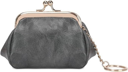 Genuine Leather Wallet Retro Kiss Lock Change Pouch Portable Coin Purse Key Case for Women Gift Box Black (Gray)