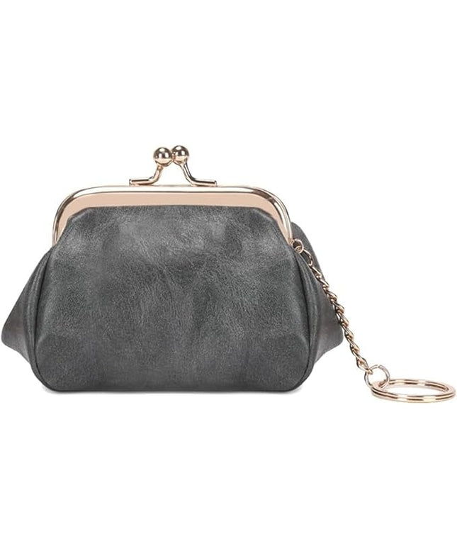 Genuine Leather Wallet Retro Kiss Lock Change Pouch Portable Coin Purse Key Case for Women Gift Box Black (Gray)