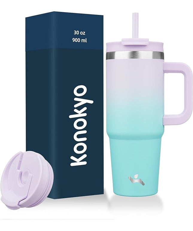 30 oz Tumbler with Handle and 2 Straws,2 in 1 Lid Insulated Water Bottle Stainless Steel Travel Coffee Mug,Lavender Green