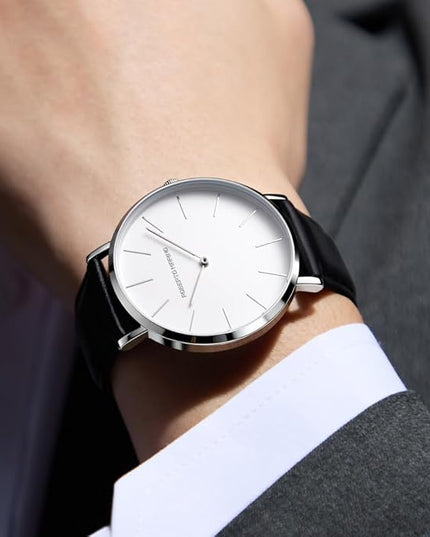 Roberto Marino RM1423 Men’s Luxury Watch – Japanese Quartz, Leather Strap, White Dial, 3 ATM Water Resistant