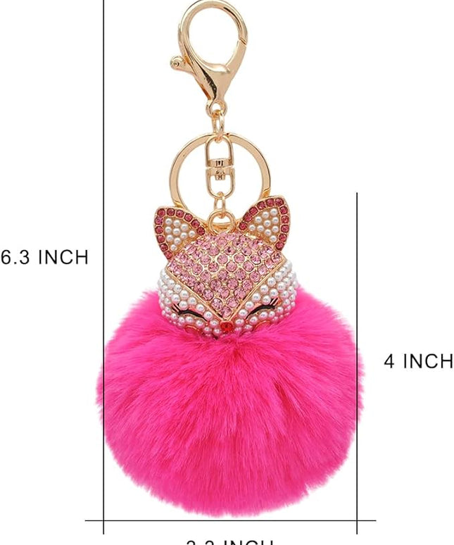 Faux Rabbit Fur Ball Pom Pom Keychain with Fox Head Studded with pearl Rhinestone for Womens Bag Car Key Decoration