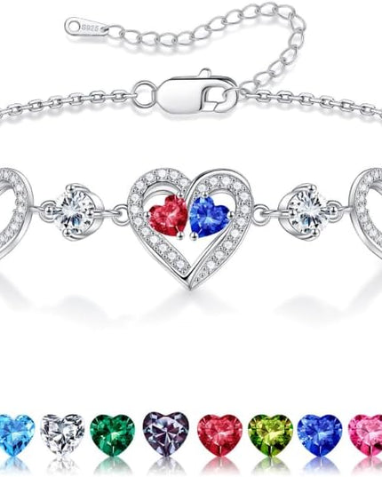 Iefil Valentines Day Gifts for Her - 925 Sterling Silver Heart Birthstone Bracelet Birthday Anniversary Jewelry Gifts for Her Wife
