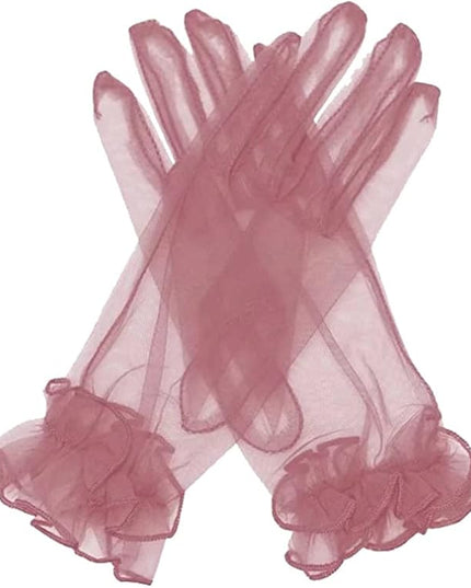 Women's Summer Tulle Gloves Pleated Ruffle Full Finger Wrist Length Opera Party Gloves