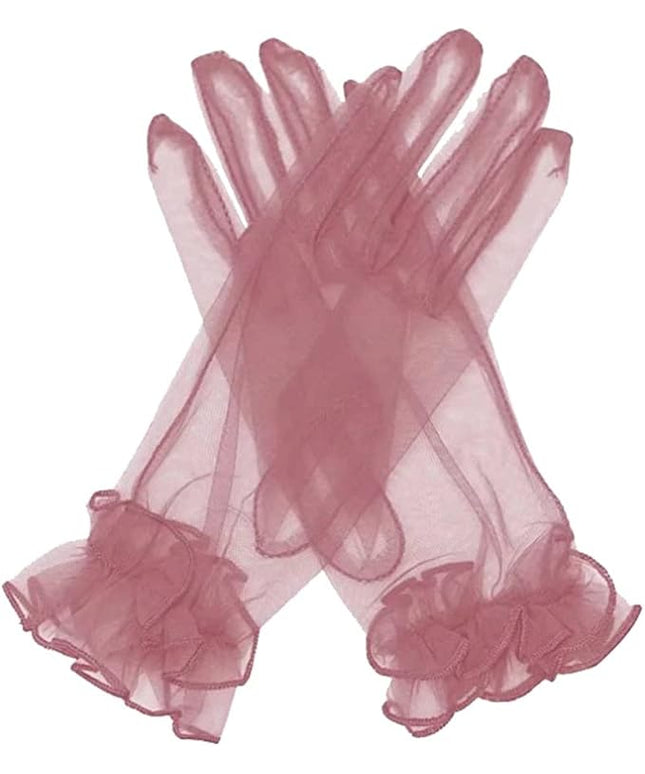 Women's Summer Tulle Gloves Pleated Ruffle Full Finger Wrist Length Opera Party Gloves