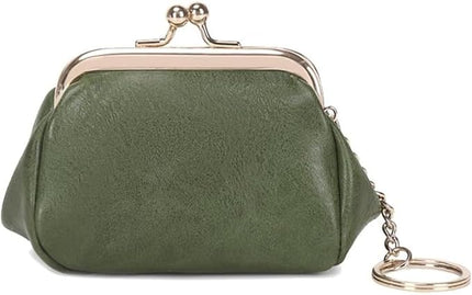 Genuine Leather Wallet Retro Kiss Lock Change Pouch Portable Coin Purse Key Case for Women Gift Box Black (Green)