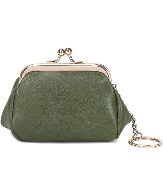 Genuine Leather Wallet Retro Kiss Lock Change Pouch Portable Coin Purse Key Case for Women Gift Box Black (Green)