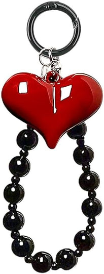 Red Heart Phone Charm Strap Black Beaded Phone Lanyard Cute Bag Charms for Handbags Cellphone Chain Wristlet Heart Bag Charm Purse Keychain for Women Cellphone Keychain Beaded Camera Wrist Strap