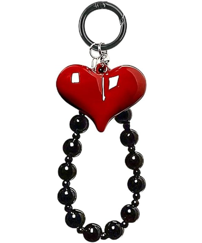 Red Heart Phone Charm Strap Black Beaded Phone Lanyard Cute Bag Charms for Handbags Cellphone Chain Wristlet Heart Bag Charm Purse Keychain for Women Cellphone Keychain Beaded Camera Wrist Strap