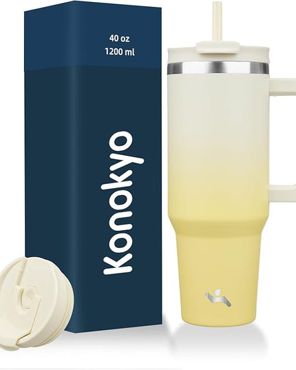 40 oz Tumbler with Handle and 2 Straws,2 in 1 Lid Insulated Water Bottle Stainless Steel Travel Coffee Mug,Lemon