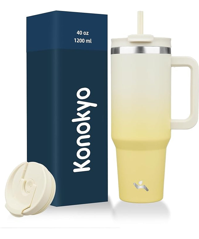 40 oz Tumbler with Handle and 2 Straws,2 in 1 Lid Insulated Water Bottle Stainless Steel Travel Coffee Mug,Lemon