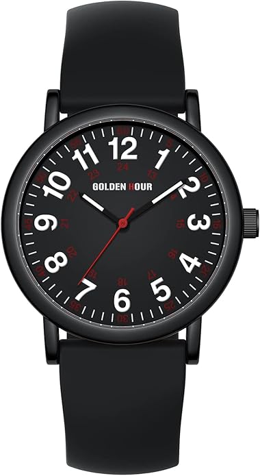 GOLDEN HOUR Waterproof Nurse Watch for Medical Professionals, Students Women Men - Military Time Luminouse Easy Read Dial, 24 Hour with Second Hand, Colorful Silicone Band