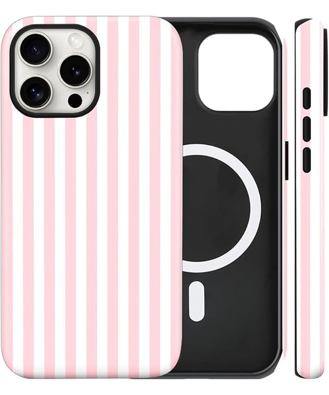 Magnetic for iPhone 14 Pro Case Cute Stripes Phone Case, Shockproof Slim TPU and Hard PC Protective Phone Cover Compatible with MagSafe Designed for Women Girls, Pink and White