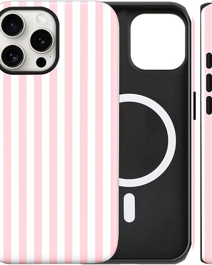 Magnetic for iPhone 12 Pro Max Case Cute Stripes Phone Case, Shockproof Slim TPU and Hard PC Protective Phone Cover Compatible with MagSafe Designed for Women Girls, Pink and White