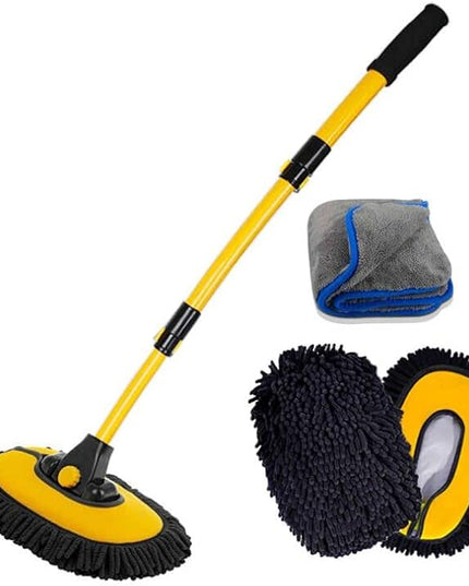 Car Wash Brush with Long Handle, Microfiber Towels Car Wash Kit Cleaning Supplies, Car Wash Mop Mitt with 2 Replacement Head , Extension Pole Car Brush Cleaning Kit for Cars Trucks